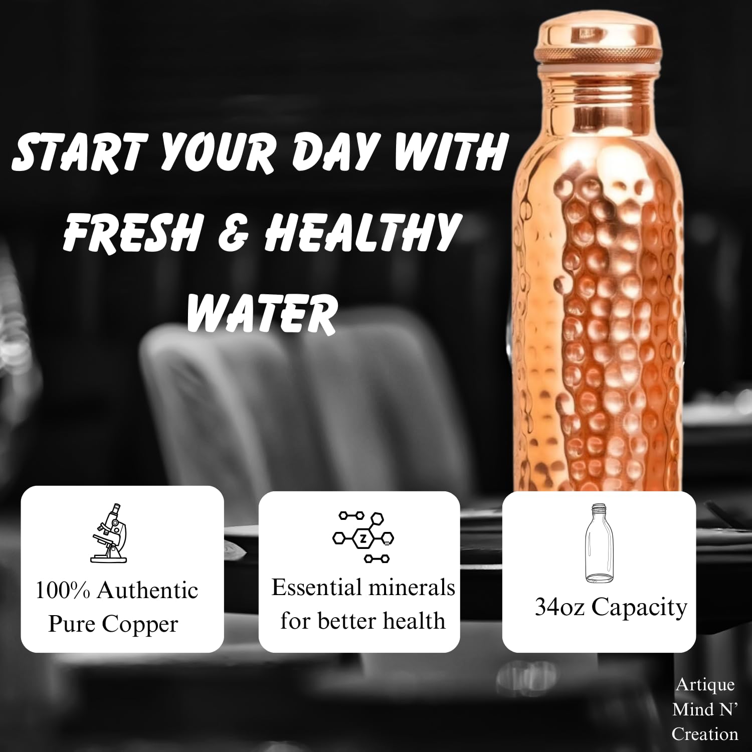Artique Mind N' Creation bottle held in hand illustrating 34oz size and portability