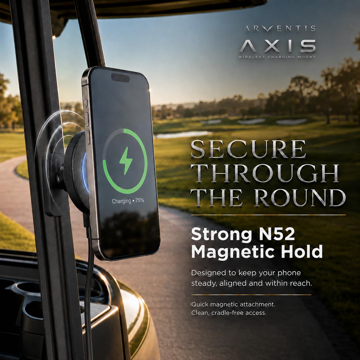 ARVENTIS AXIS adhesive ring detail enabling non-magnetic phone compatibility benefit