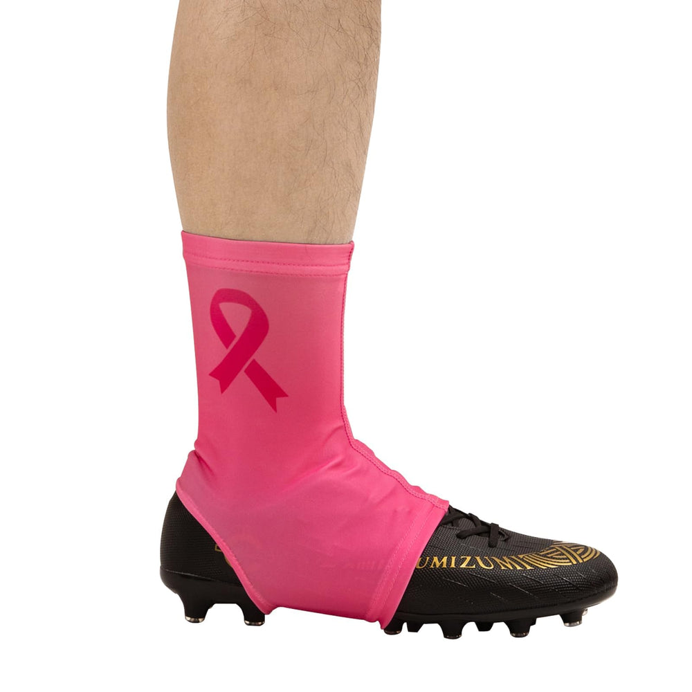 ASIJUNTYECHO front view of pink spats showing full cleat coverage and awareness design