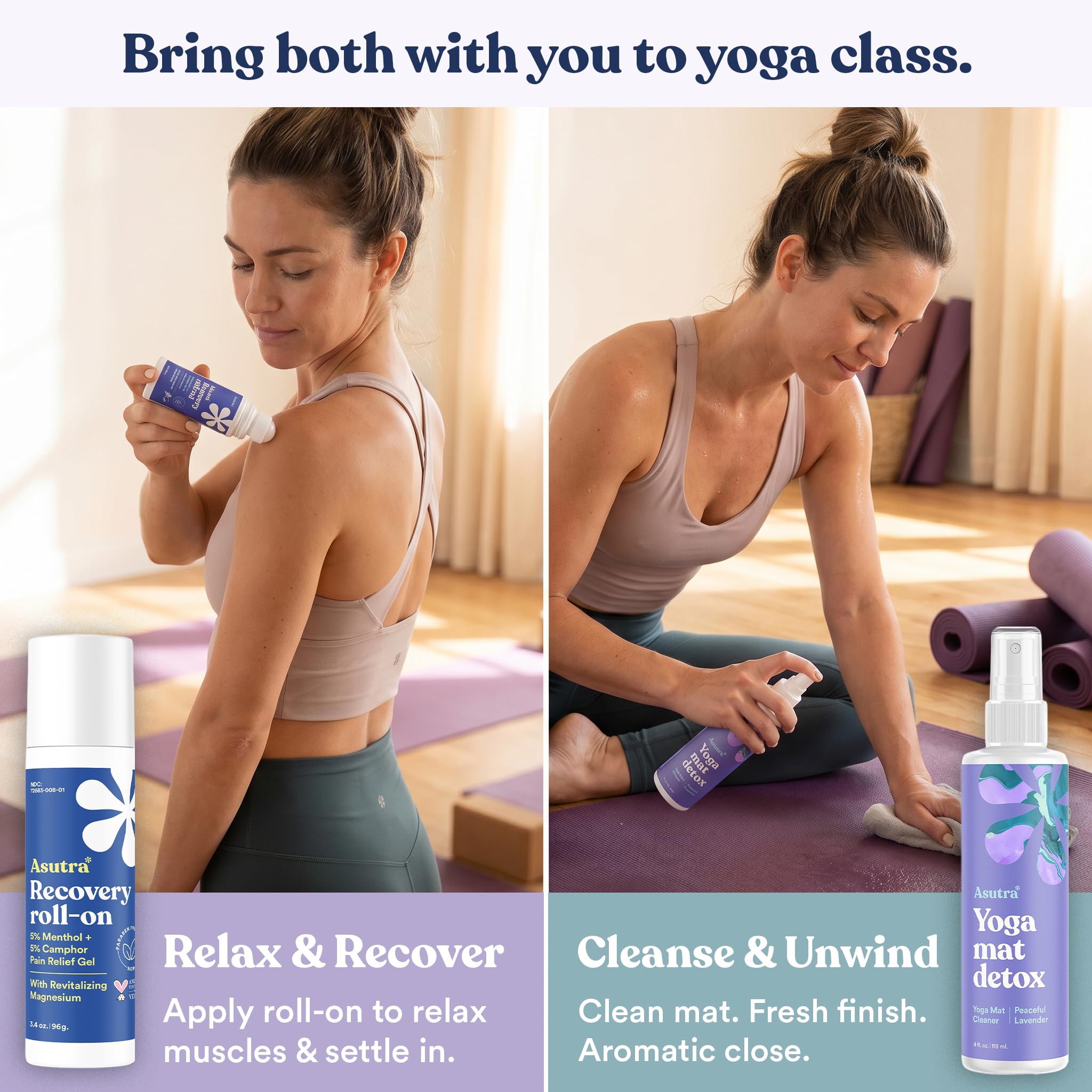ASUTRA bottle on a yoga studio shelf conveying calming aesthetics