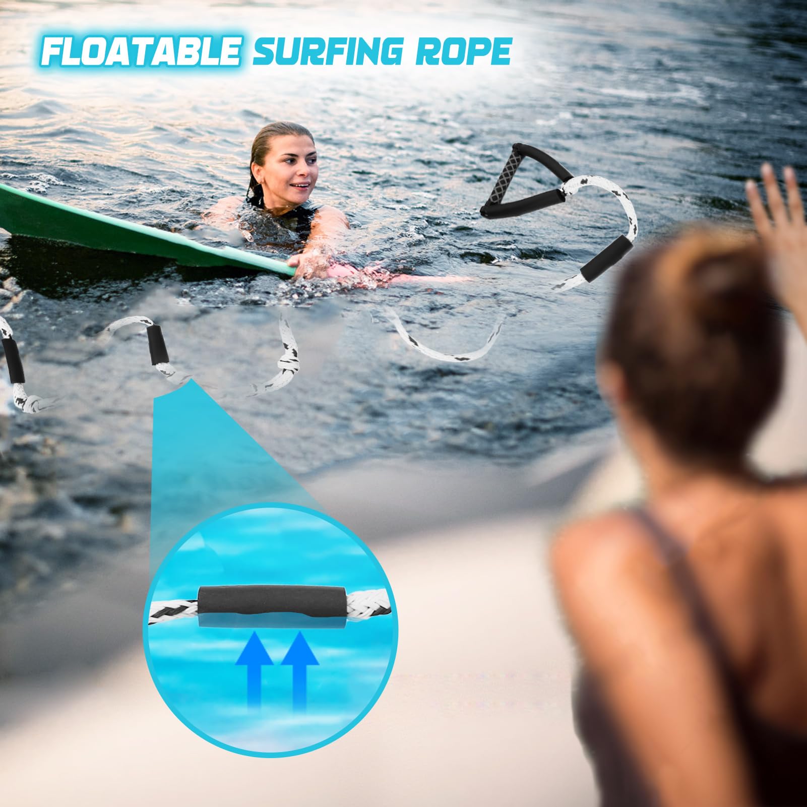 ASVAEVAS full 25ft rope laid on water showing visibility and anti-tangle benefit