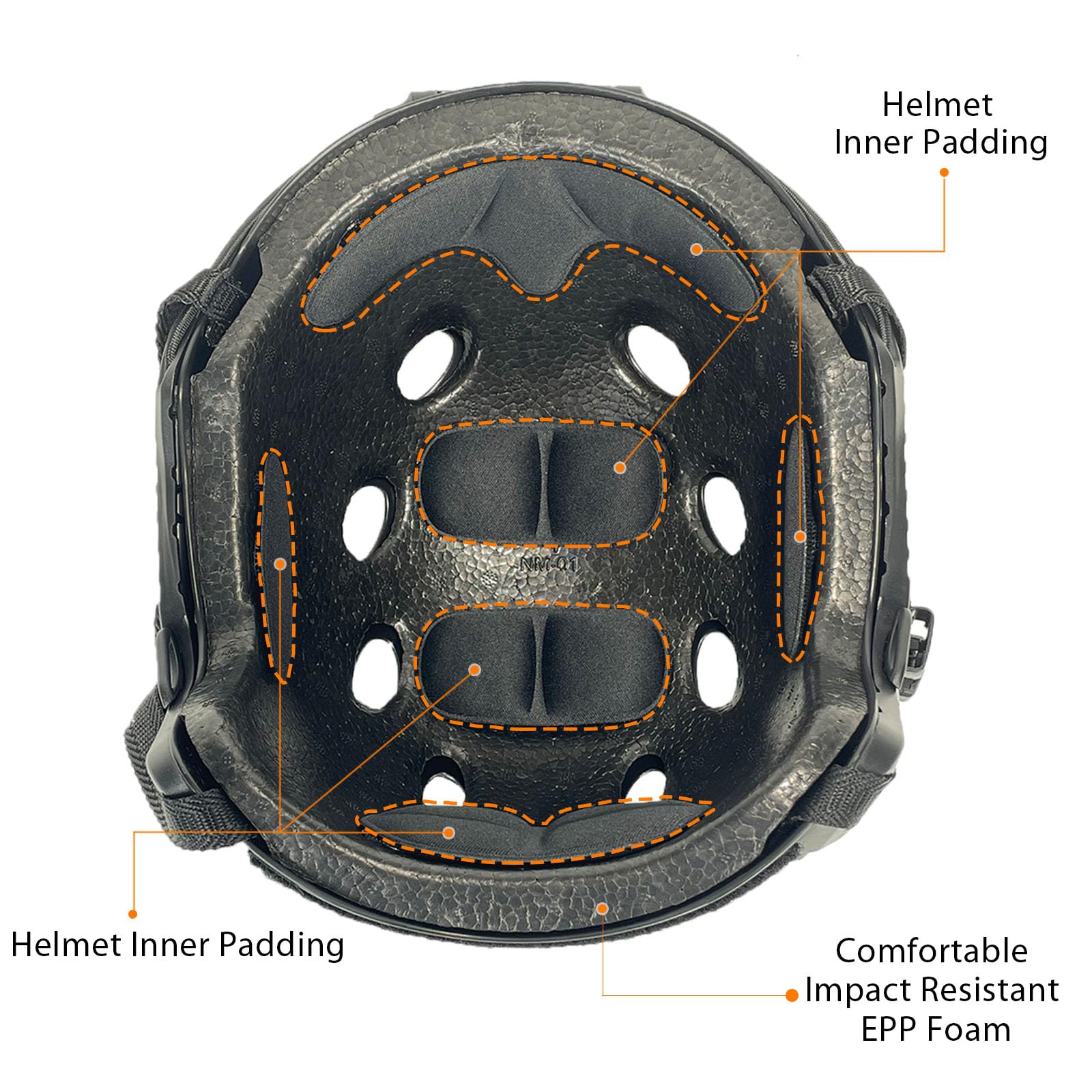 ATAIRSOFT helmet interior showing dimensions and adjustable strap for secure, comfortable fit benefit