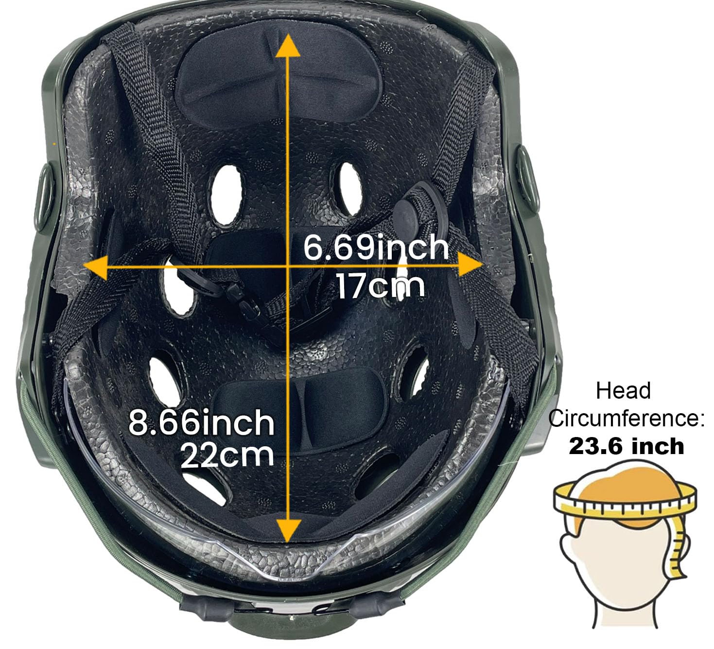 ATAIRSOFT helmet next to ruler showing fit dimensions and size clarity
