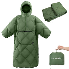 ATEPA blanket poncho front view showing red hooded design and hands-free comfort