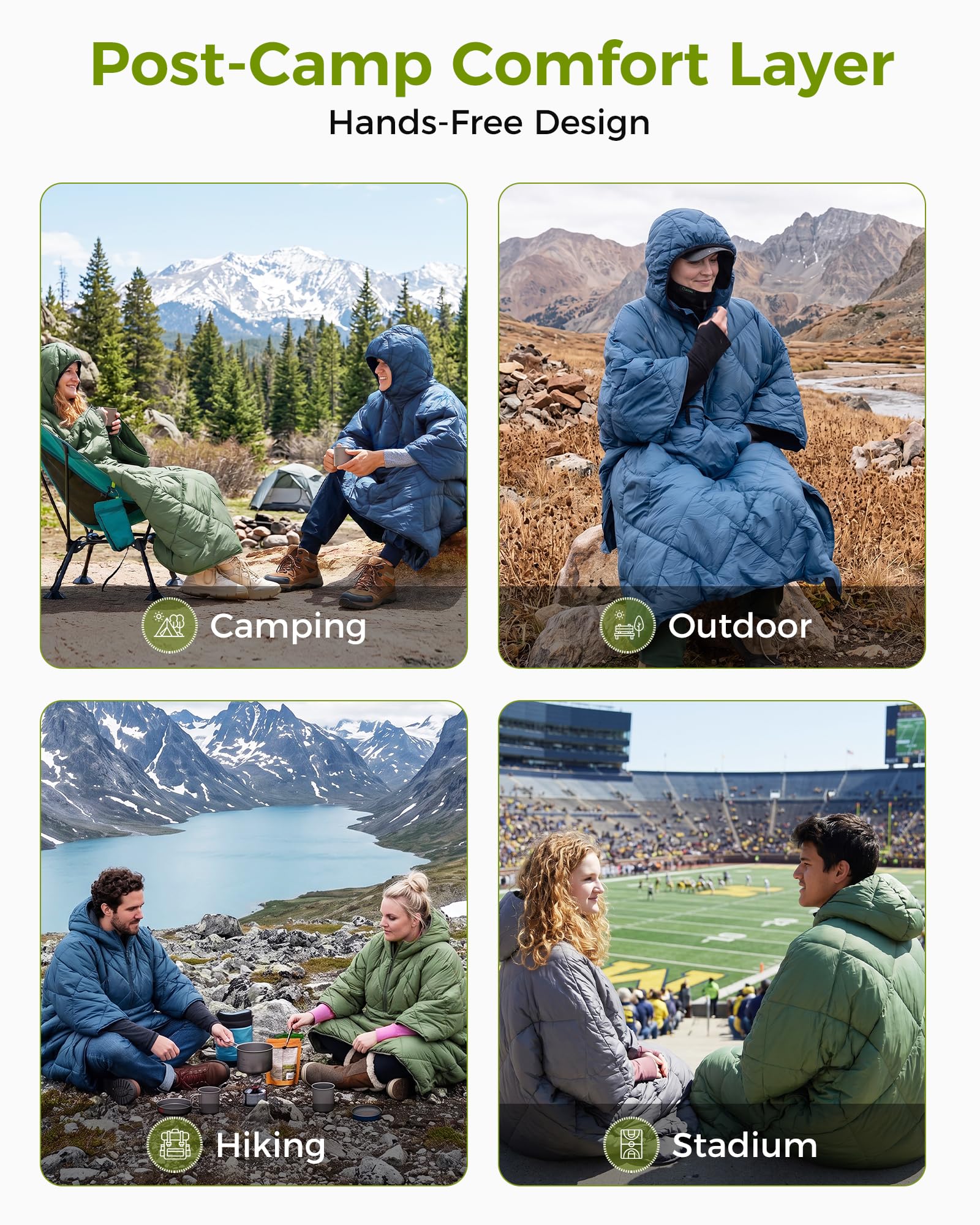 ATEPA wearable blanket worn by camper at fire offering cozy camp comfort