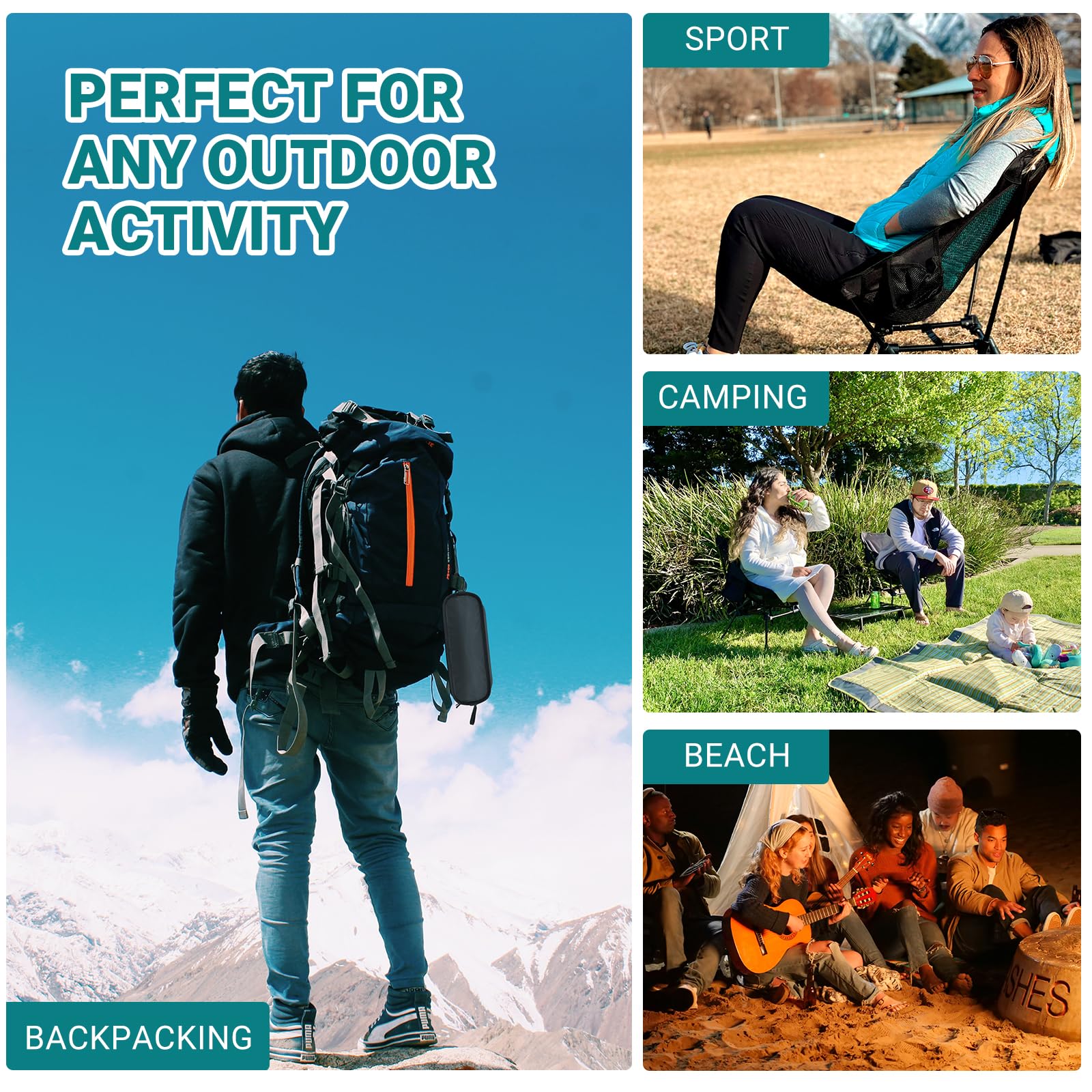 ATEPA chair next to backpack for scale and packable size visual