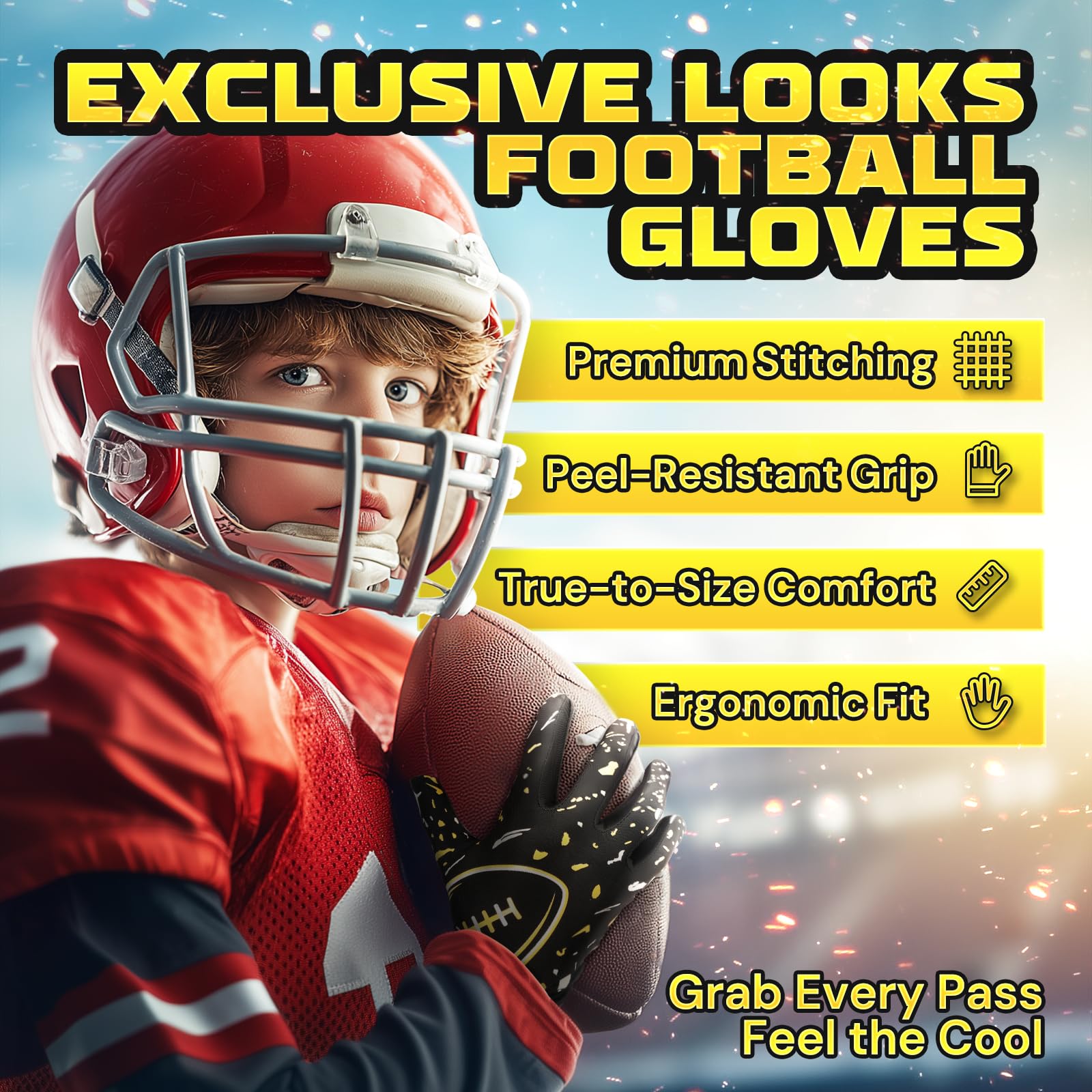 ATERCEL gloves in use as child catches a football demonstrating improved control