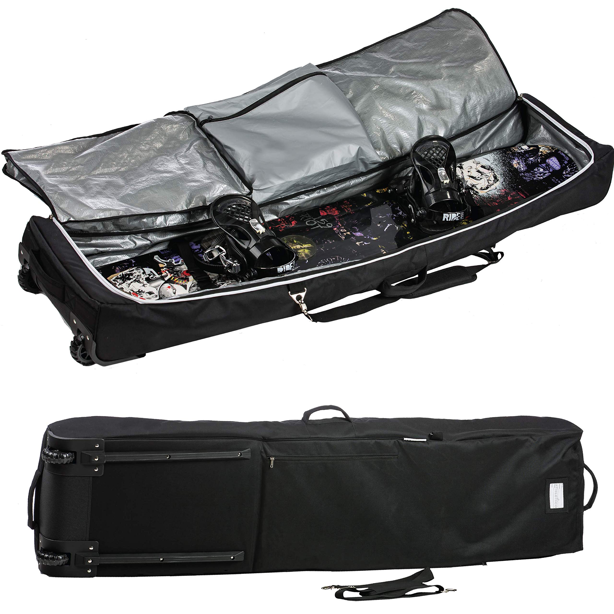 Athletico packed bag with snowboard inside demonstrating secure fit benefit