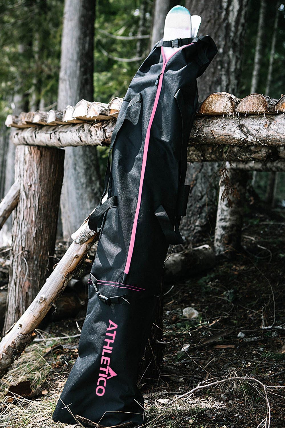 Athletico ski bag front view showing zip and compression straps for secure travel