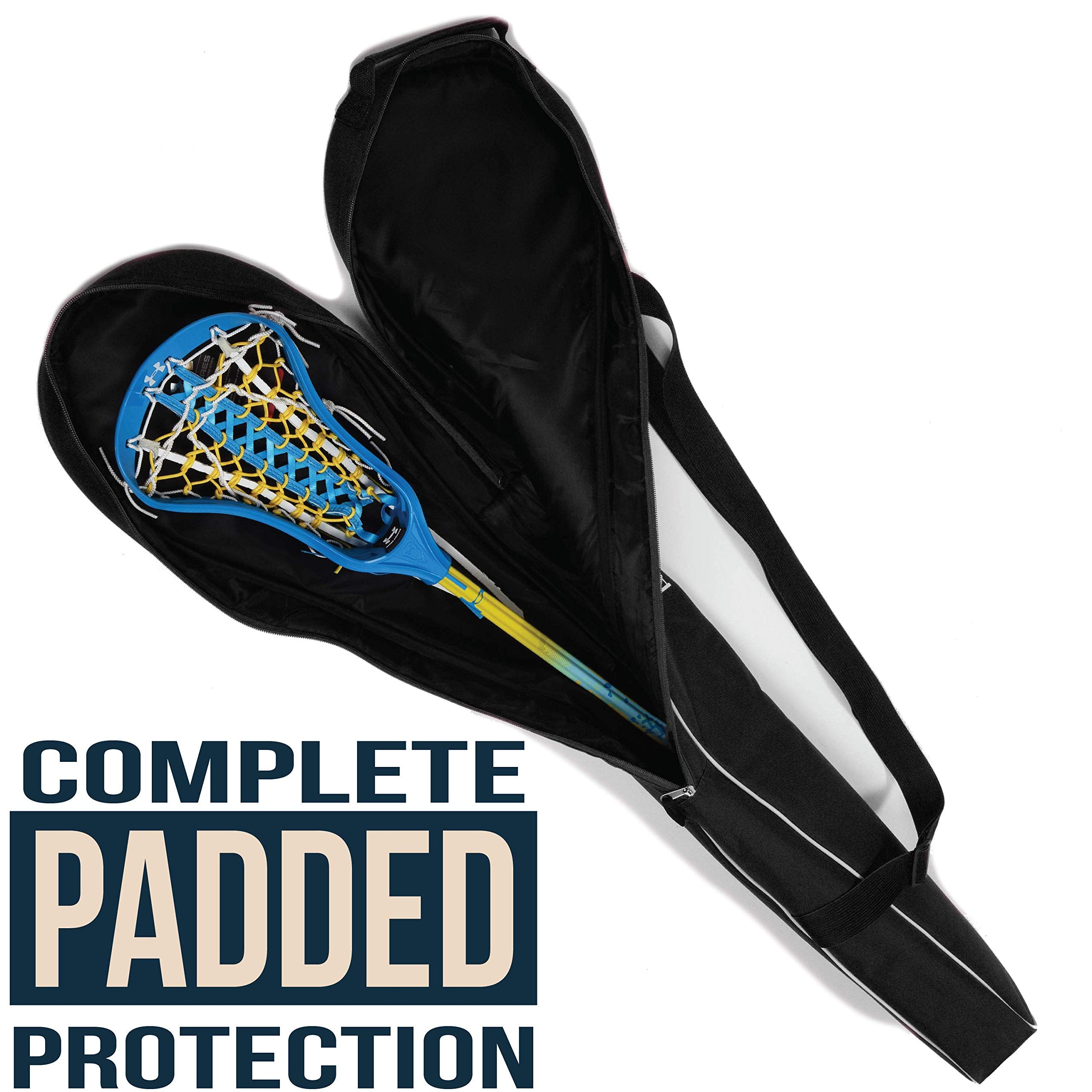 Athletico stick bag next to lacrosse stick demonstrating fit for 46-inch gear