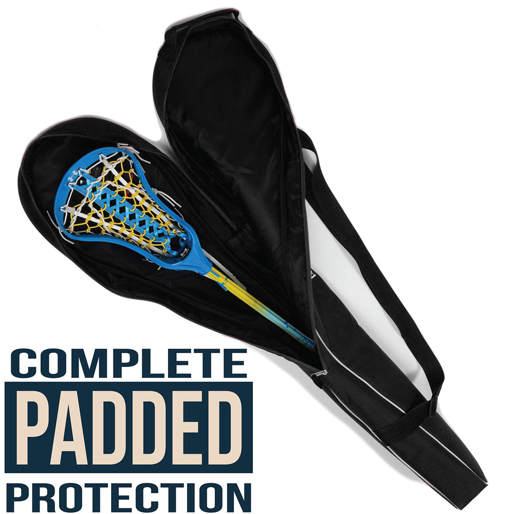 Athletico stick bag next to lacrosse stick demonstrating fit for 46-inch gear
