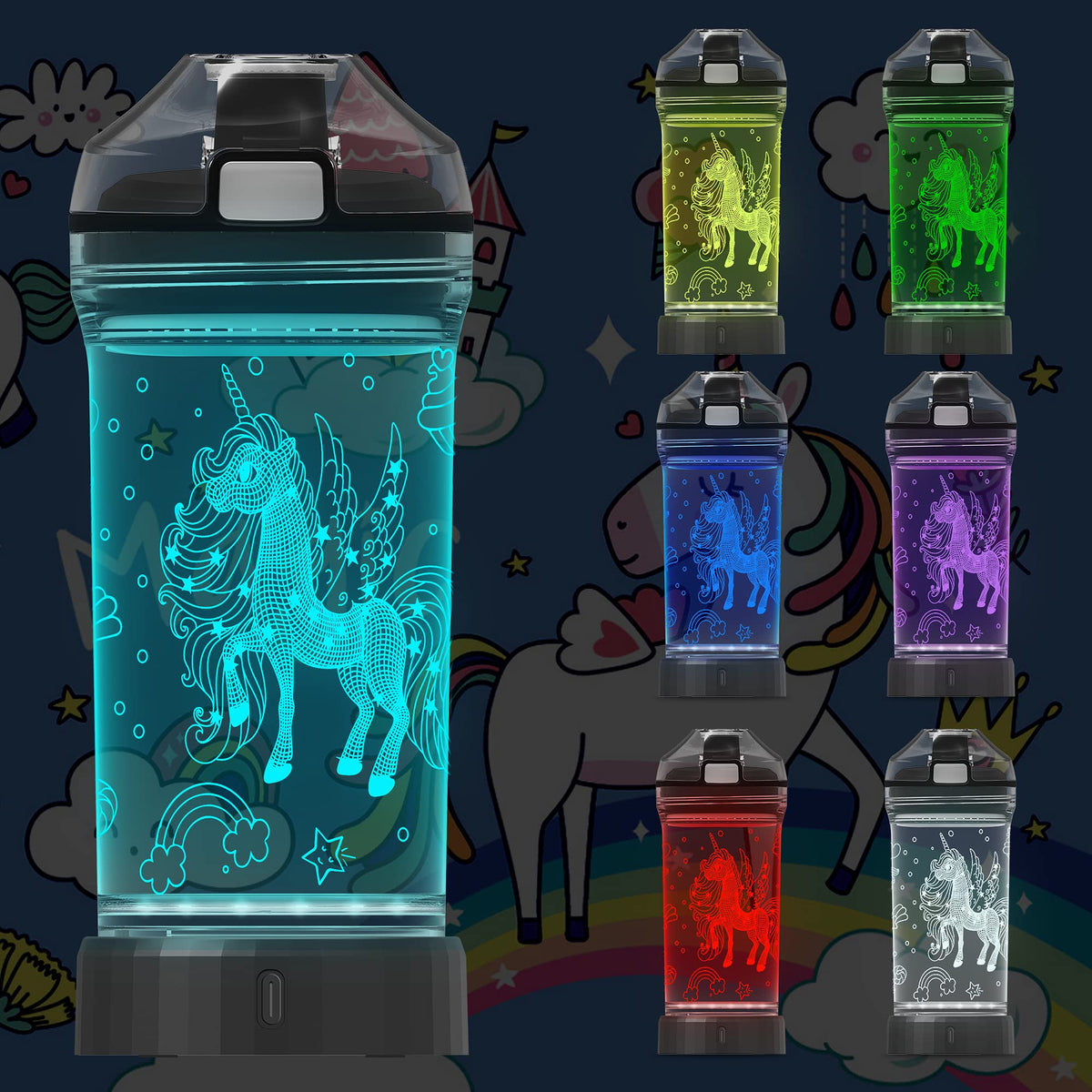 Attivolife unicorn bottle front view showing colorful LED glow and unicorn design for fun hydration