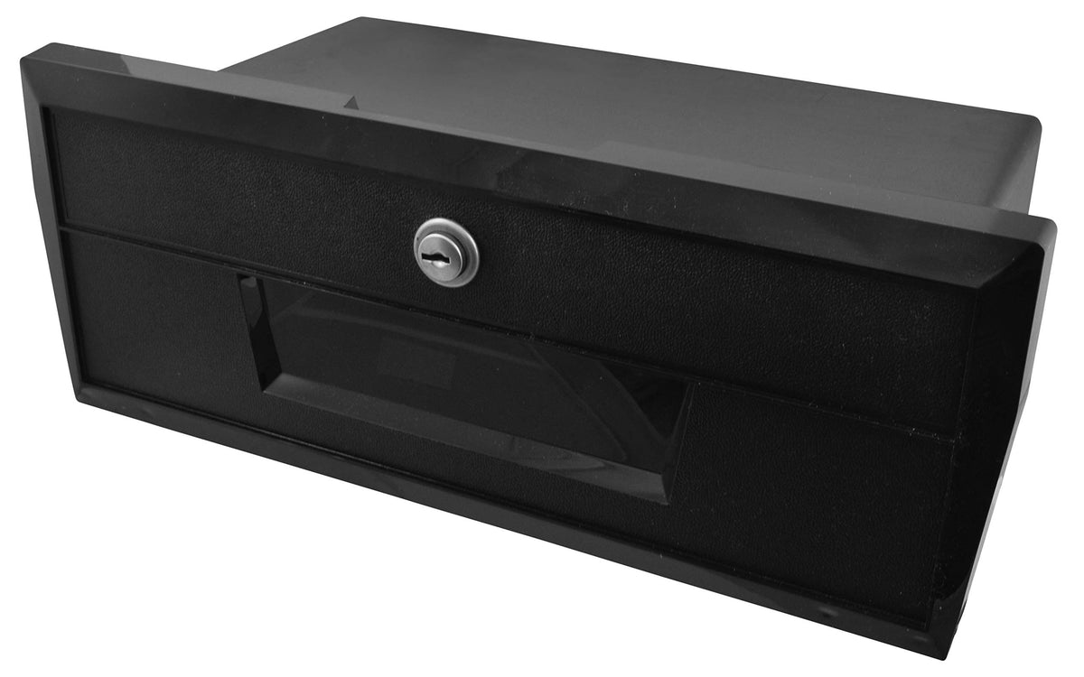 attwood front view of black lockable glove box showing door and keys, secure storage benefit