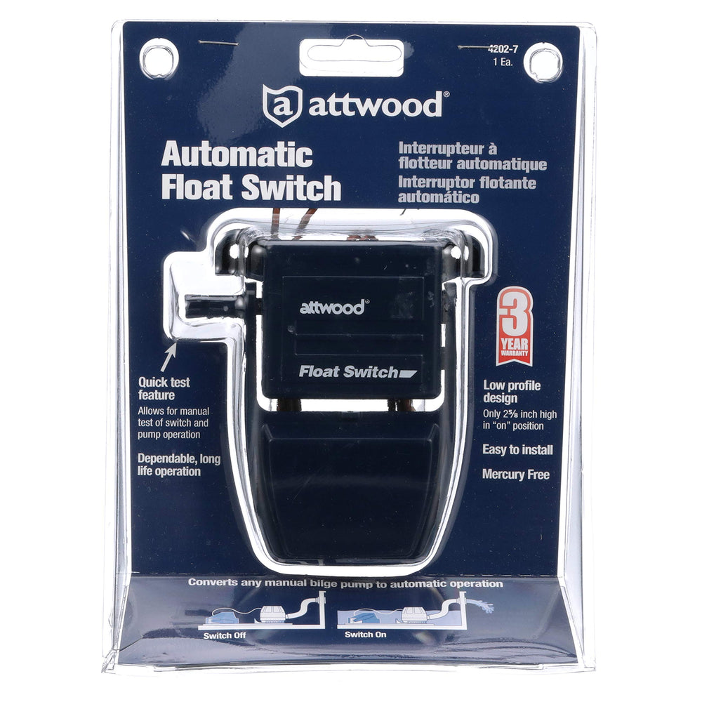 attwood float switch next to ruler showing compact dimensions for tight spaces