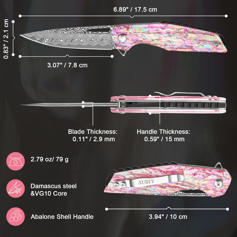AUBEY abalone resin handle close-up showing colorful shell and comfortable grip