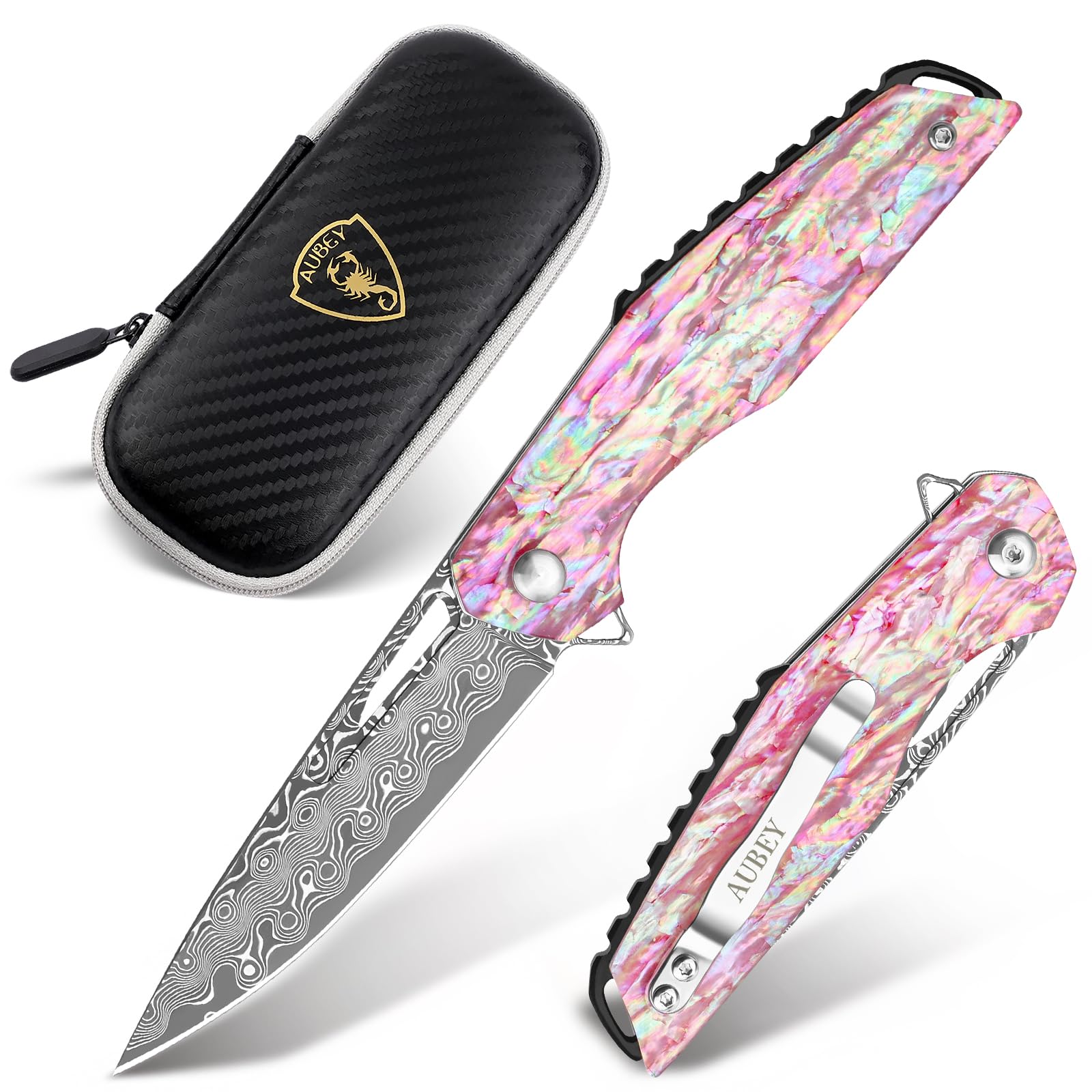 AUBEY detailed Damascus blade pattern for visual appeal and strength