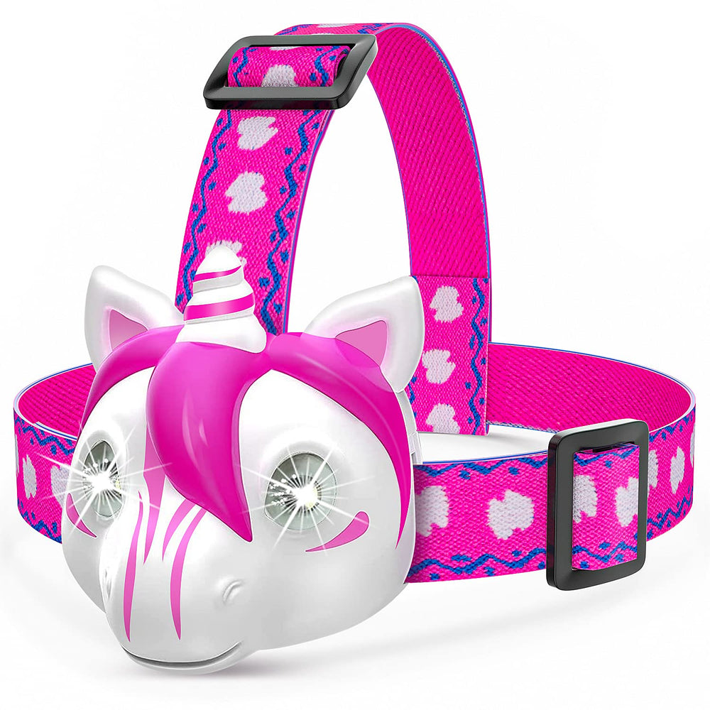 Aubllo unicorn headlamp front view showing face and LEDs, playful light for kids