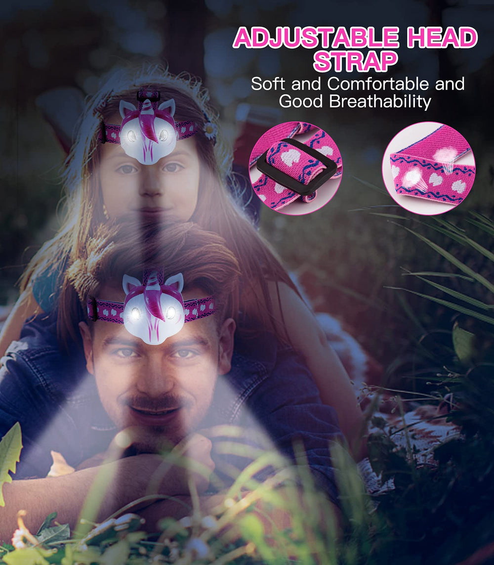 Child wearing Aubllo unicorn headlamp while reading, hands-free illumination benefit
