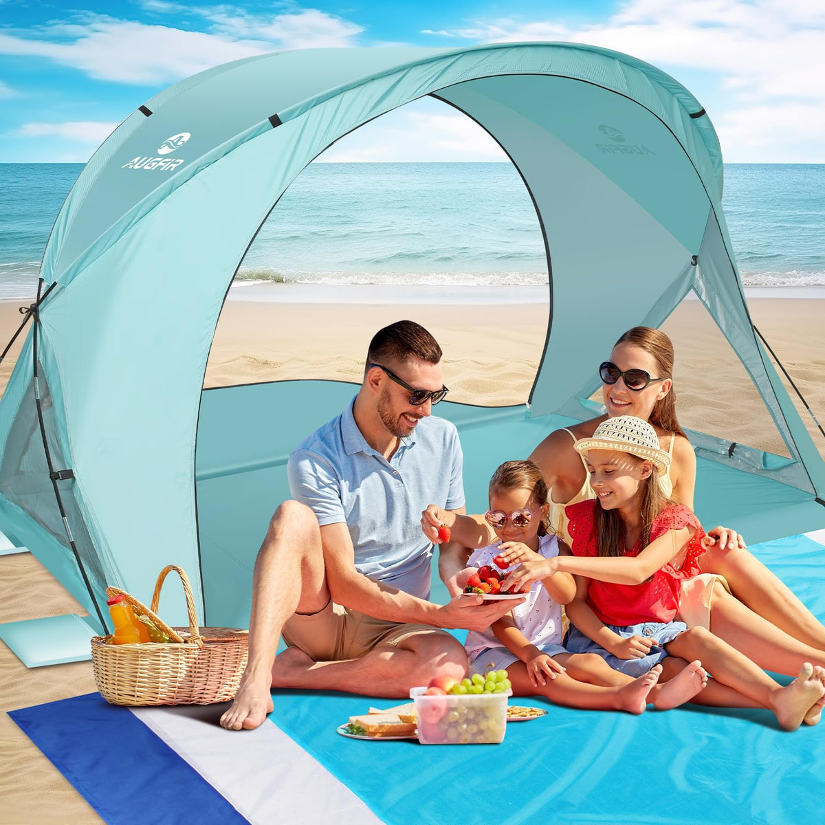 AugFir front view beach tent showing roomy shade and easy setup benefit