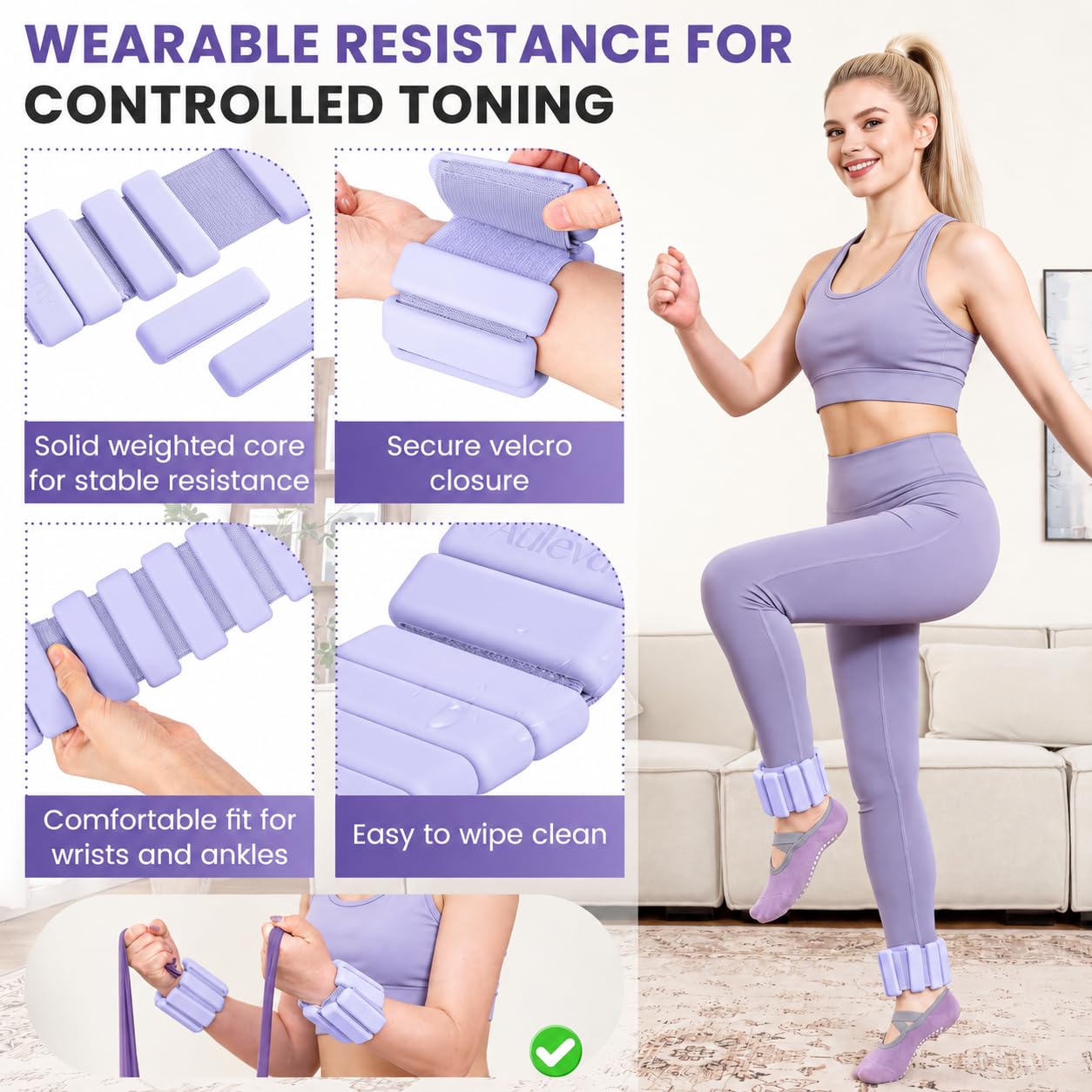 AULEVA silicone ankle and wrist weights worn for controlled toning and stability
