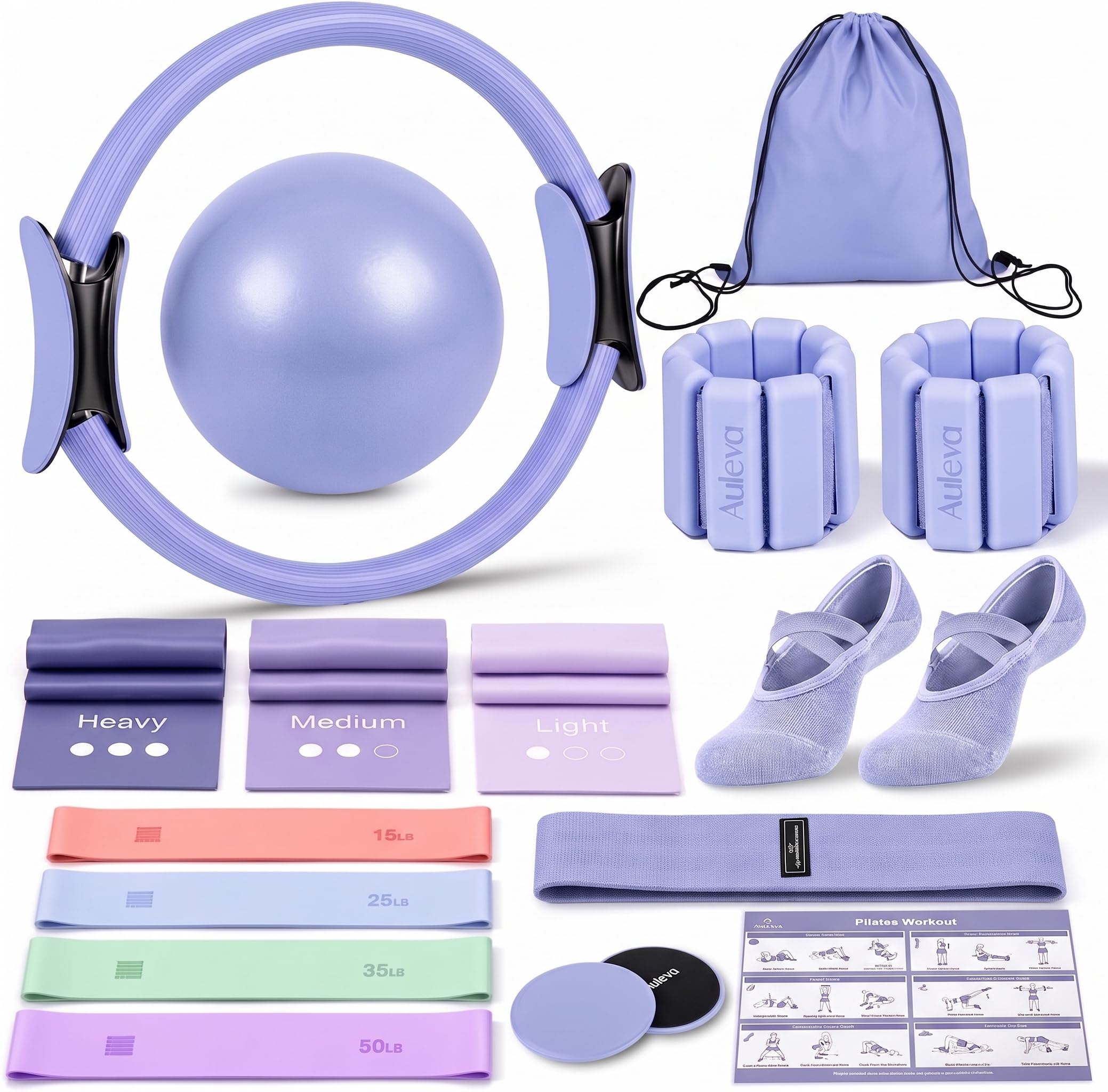 AULEVA front packaging showing full 18-piece pilates kit and organized layout