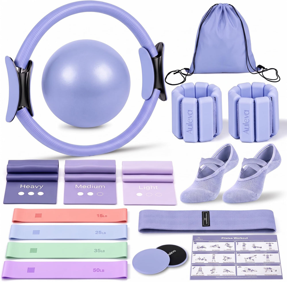 AULEVA front packaging showing full 18-piece pilates kit and organized layout