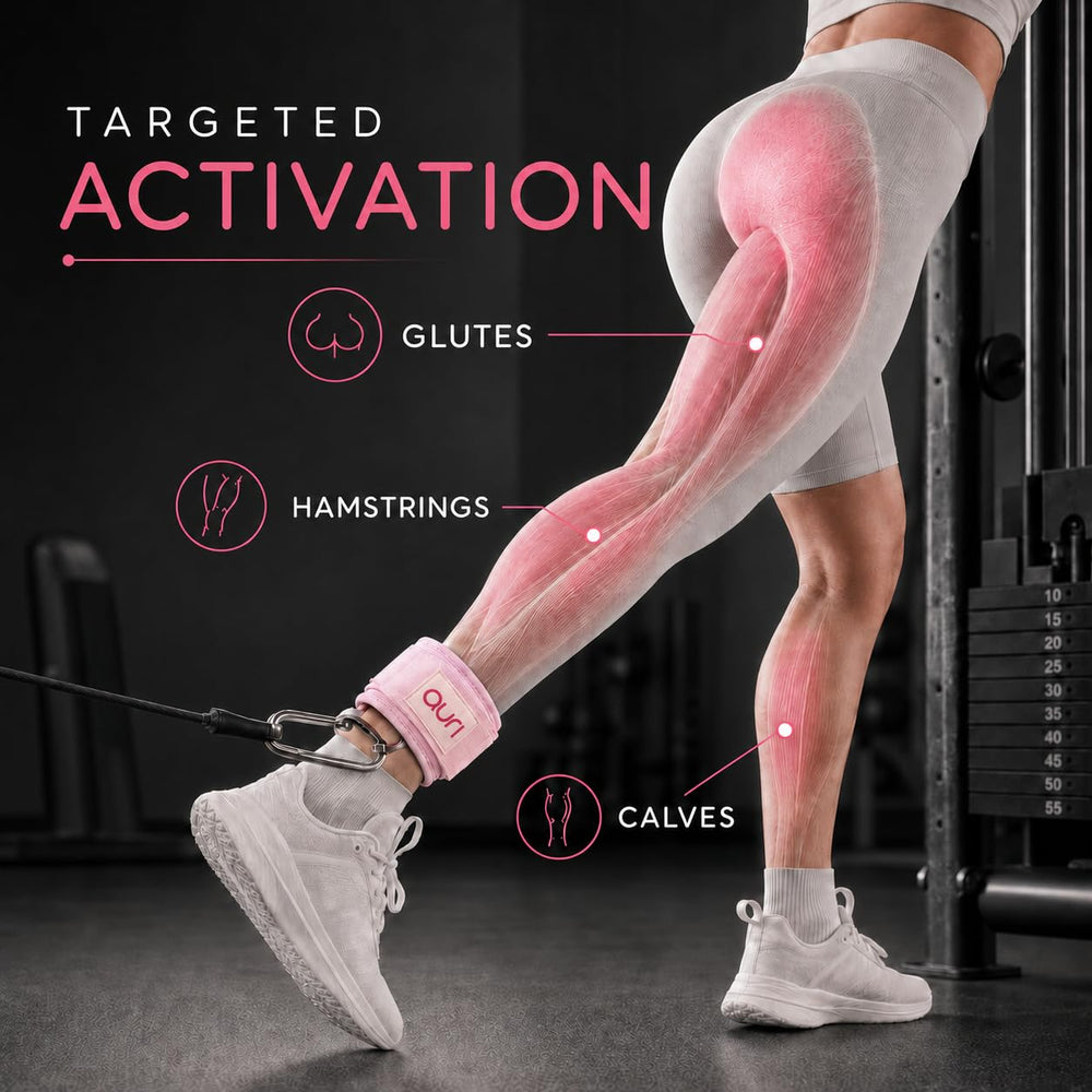 Auri Fit strap flat-lay beside gym bag illustrating compact, stylish portability
