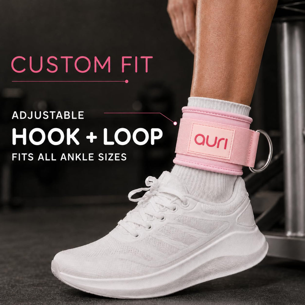 Auri Fit strap in use during glute kickback showing stable attachment benefit