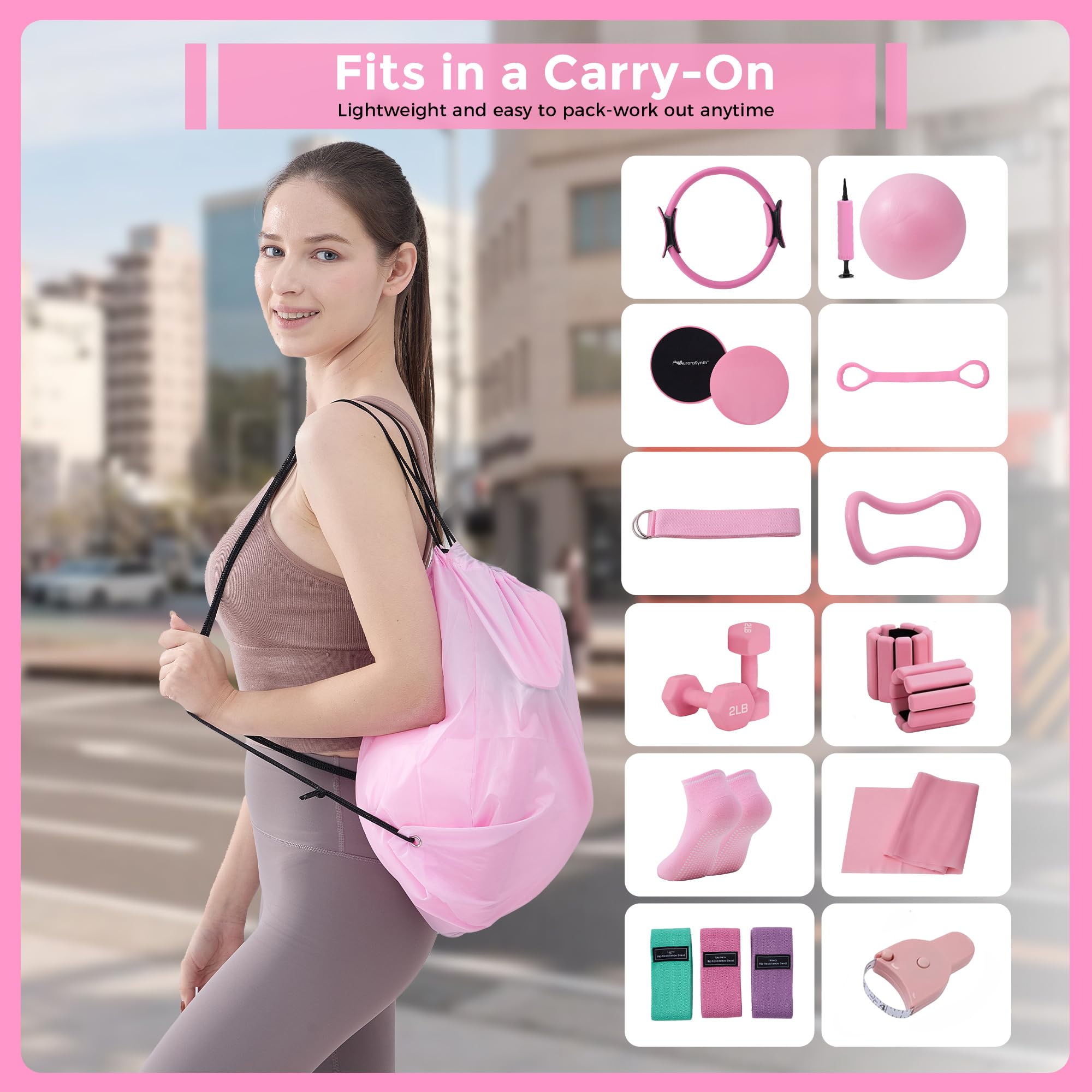 AuroraSynth storage bag packed for portable Pilates and convenient transport