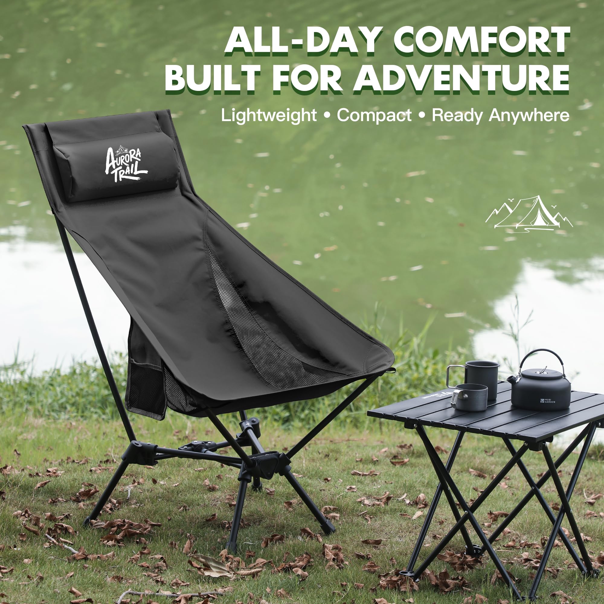 AuroraTrail chair set at campsite illustrating lightweight portability and comfort