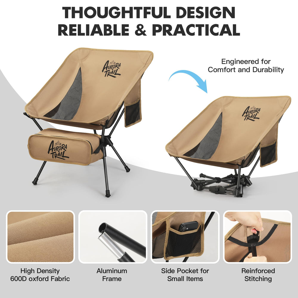AuroraTrail folded chair next to backpack, demonstrates compact packability