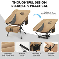 AuroraTrail folded chair next to backpack, demonstrates compact packability