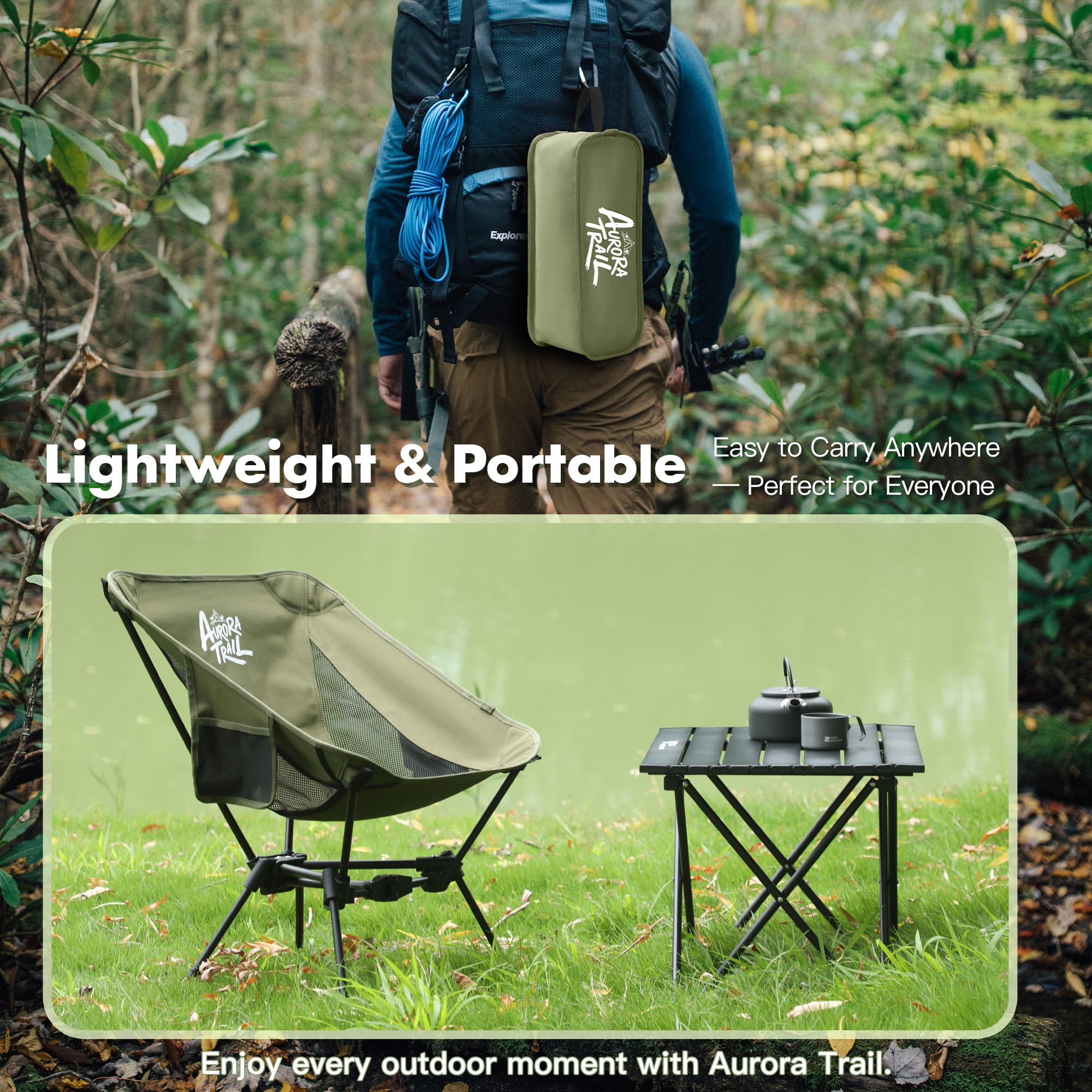 AuroraTrail chair in use at a campsite demonstrating quick setup and outdoor comfort