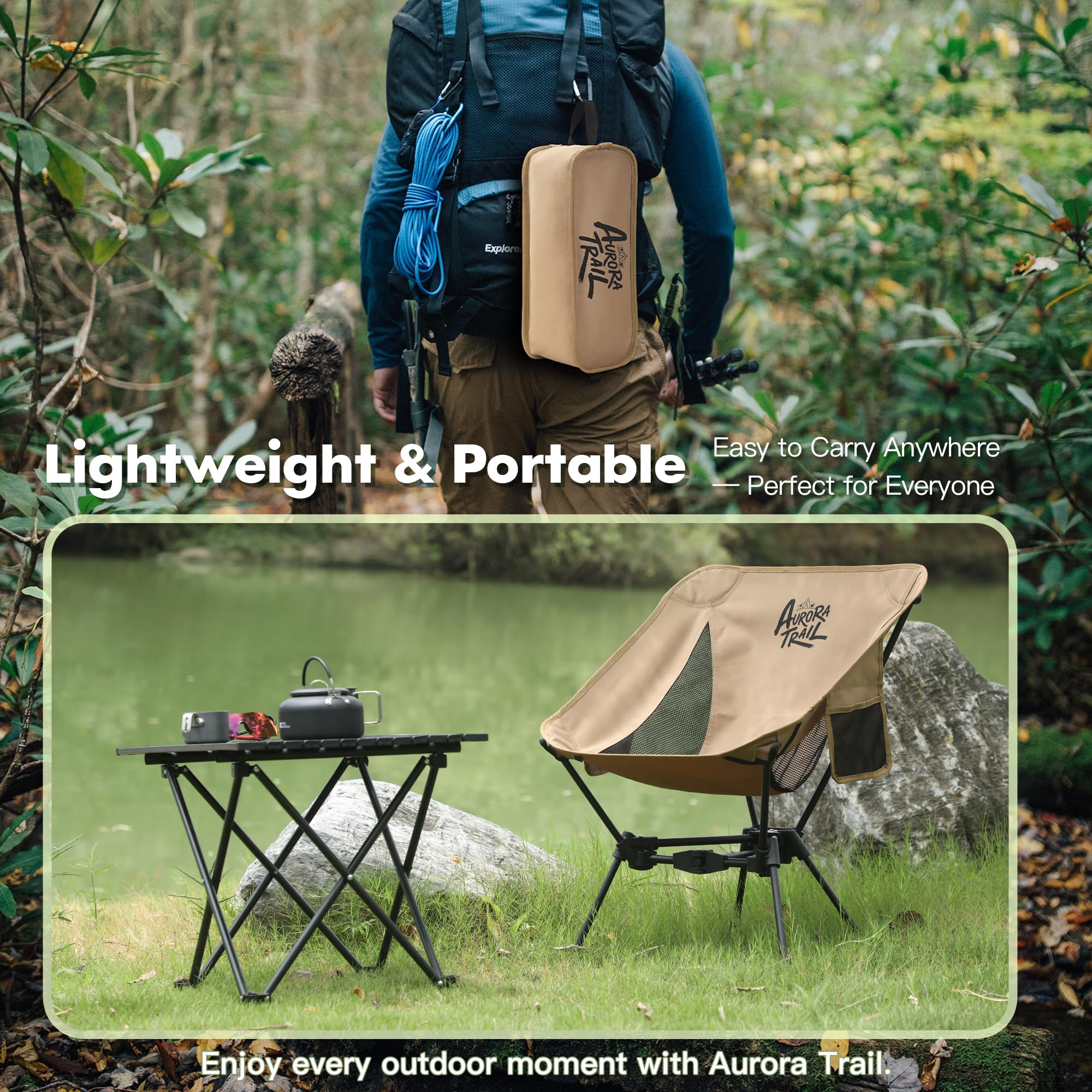 AuroraTrail chair in use with hiker at viewpoint, quick setup benefit