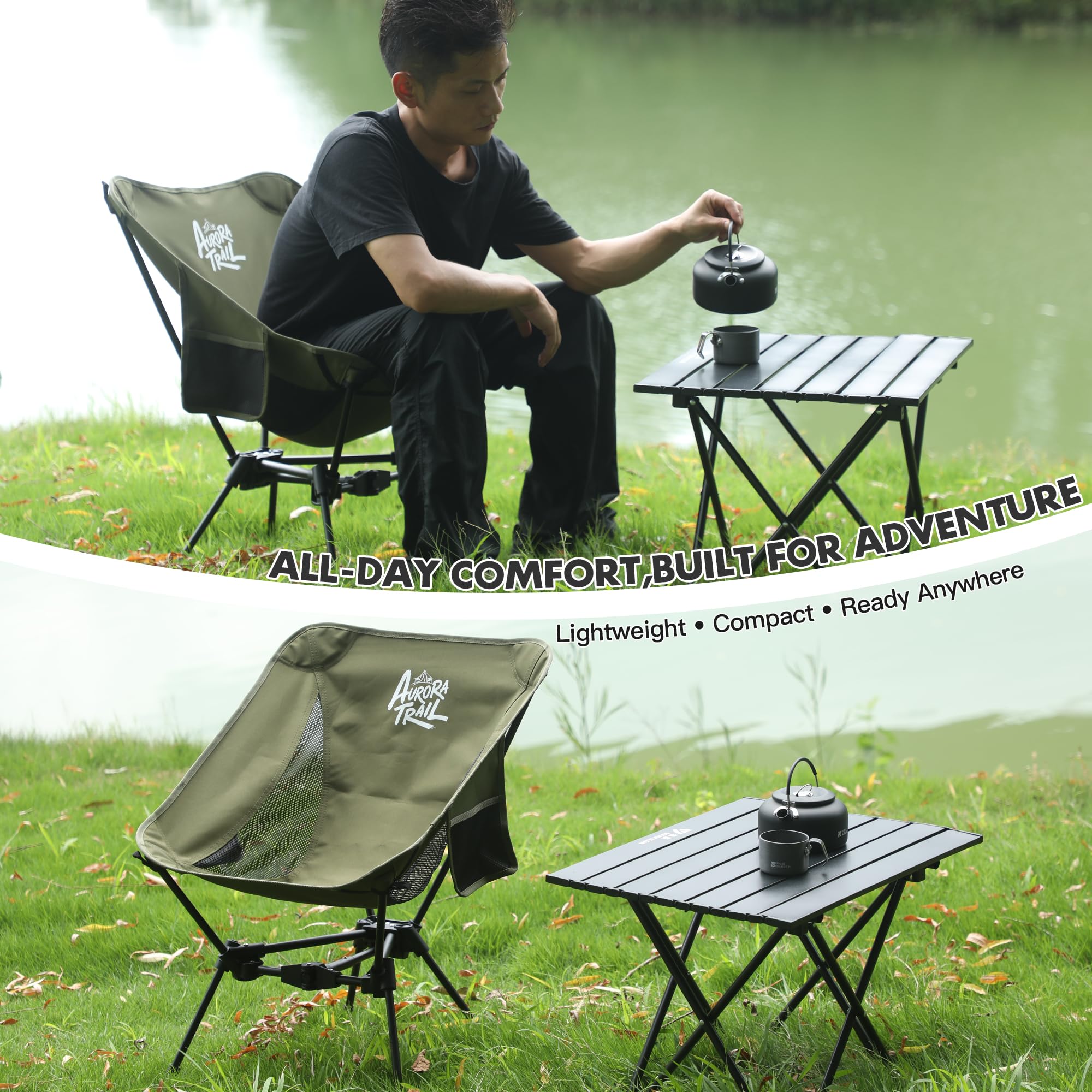 AuroraTrail being packed into a backpack to show compact folded size and portability