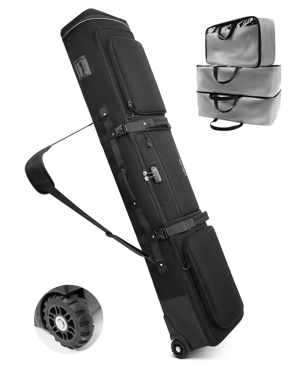 AUROTIER front view of rolling snowboard bag showing capacity and protection