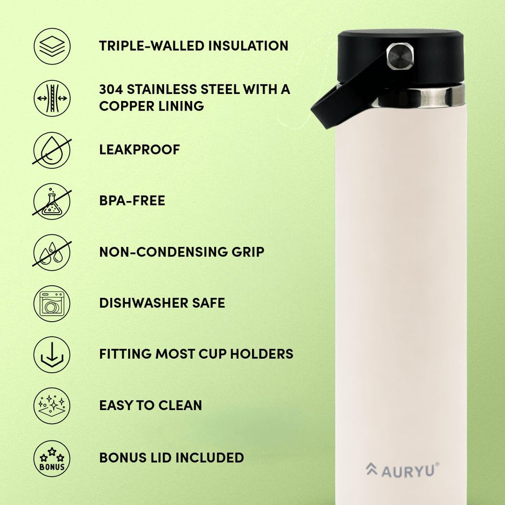 Auryu Oat powder-coat texture close-up highlighting grip and condensation-free benefit