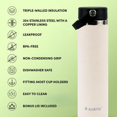Auryu Oat powder-coat texture close-up highlighting grip and condensation-free benefit