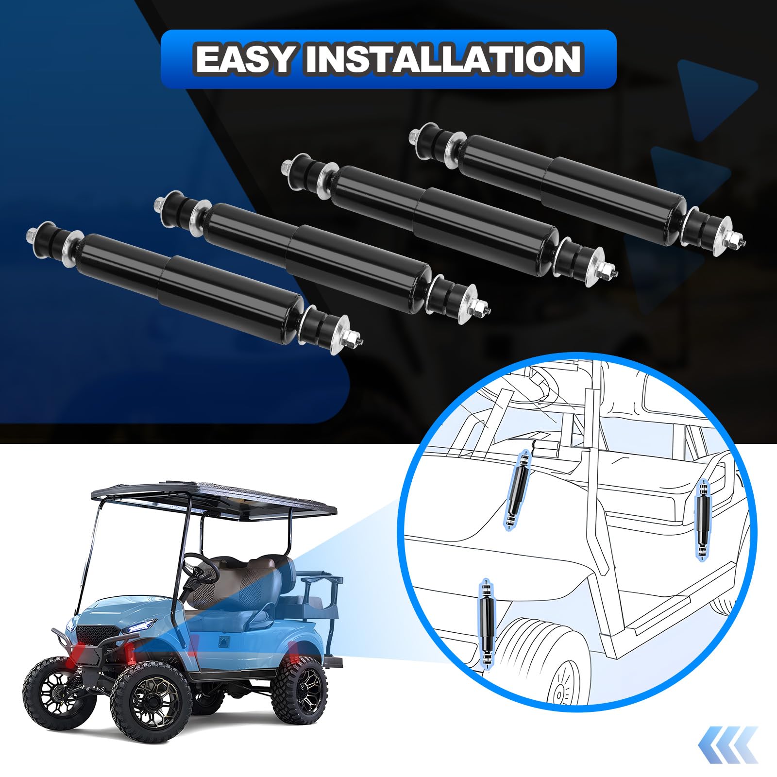 AUTOBABA front shock mounted on EZGO TXT front axle improving steering control