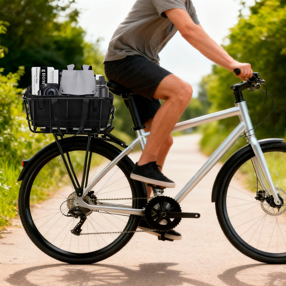 Auwey rear basket carrying groceries and small dog showing convenient transport