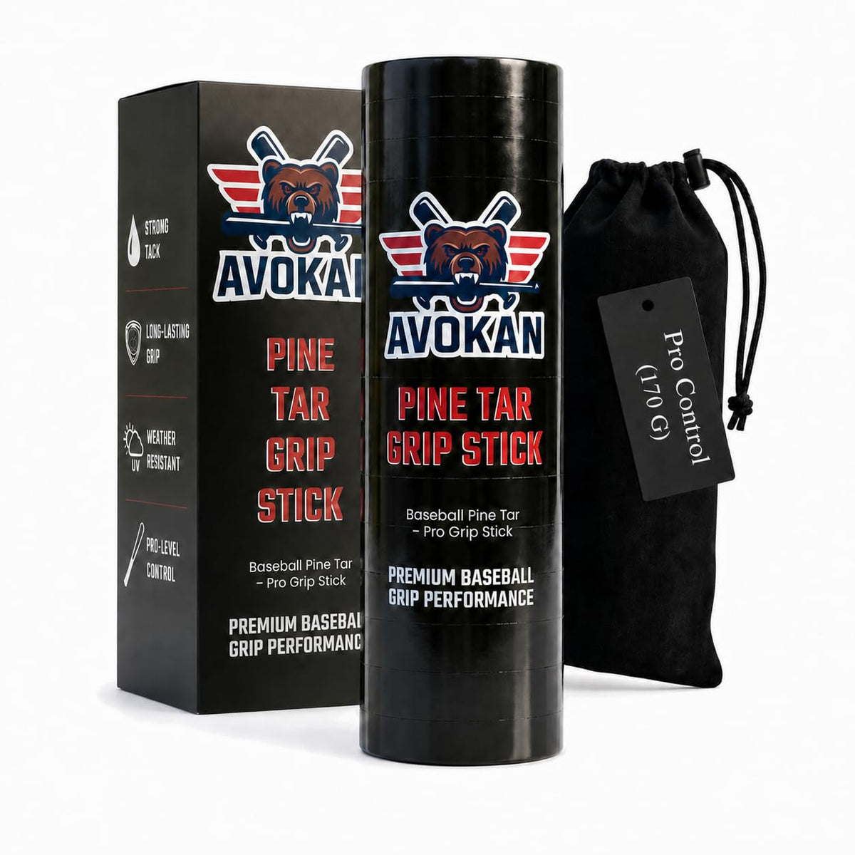 AVOKAN front packaging showing 6 oz pine tar stick for tidy grip