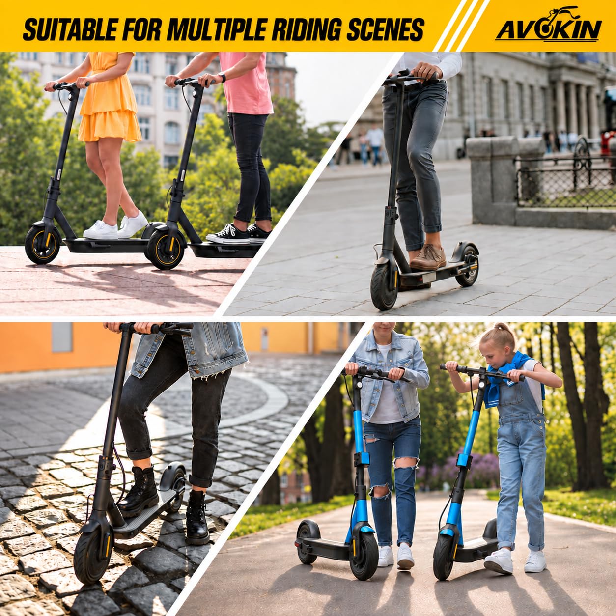 AVOKIN tire on scooter in city scene conveying commuter reliability
