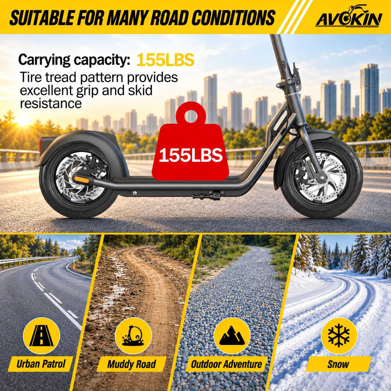 AVOKIN tire next to ruler showing 10-inch diameter and 2.5-inch width