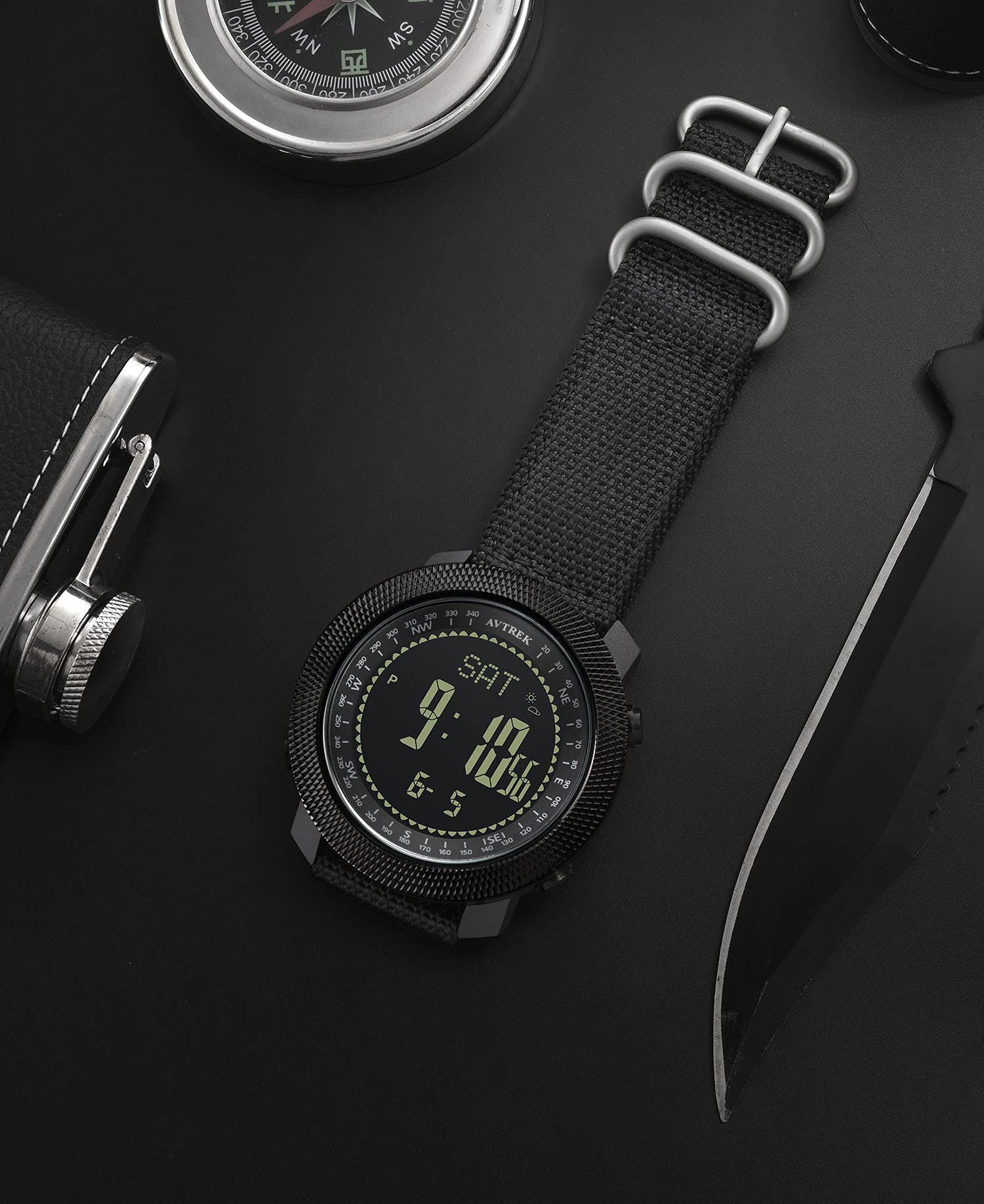 AVTREK watch in a hiking scene showing outdoor utility and rugged reliability