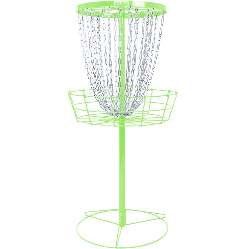 Axiom Discs lime basket front view showing full rim and chains for accurate practice