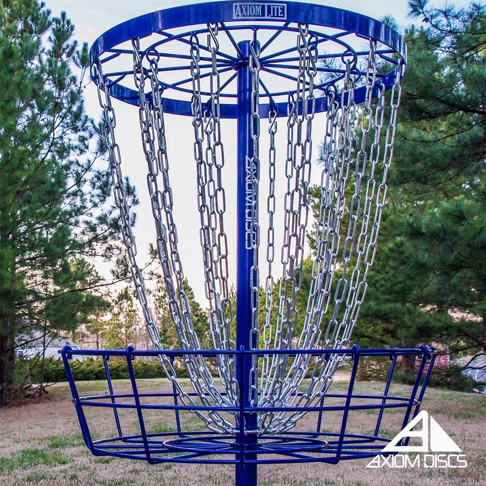 Axiom Discs basket next to a disc for scale showing regulation size and travel-friendly design