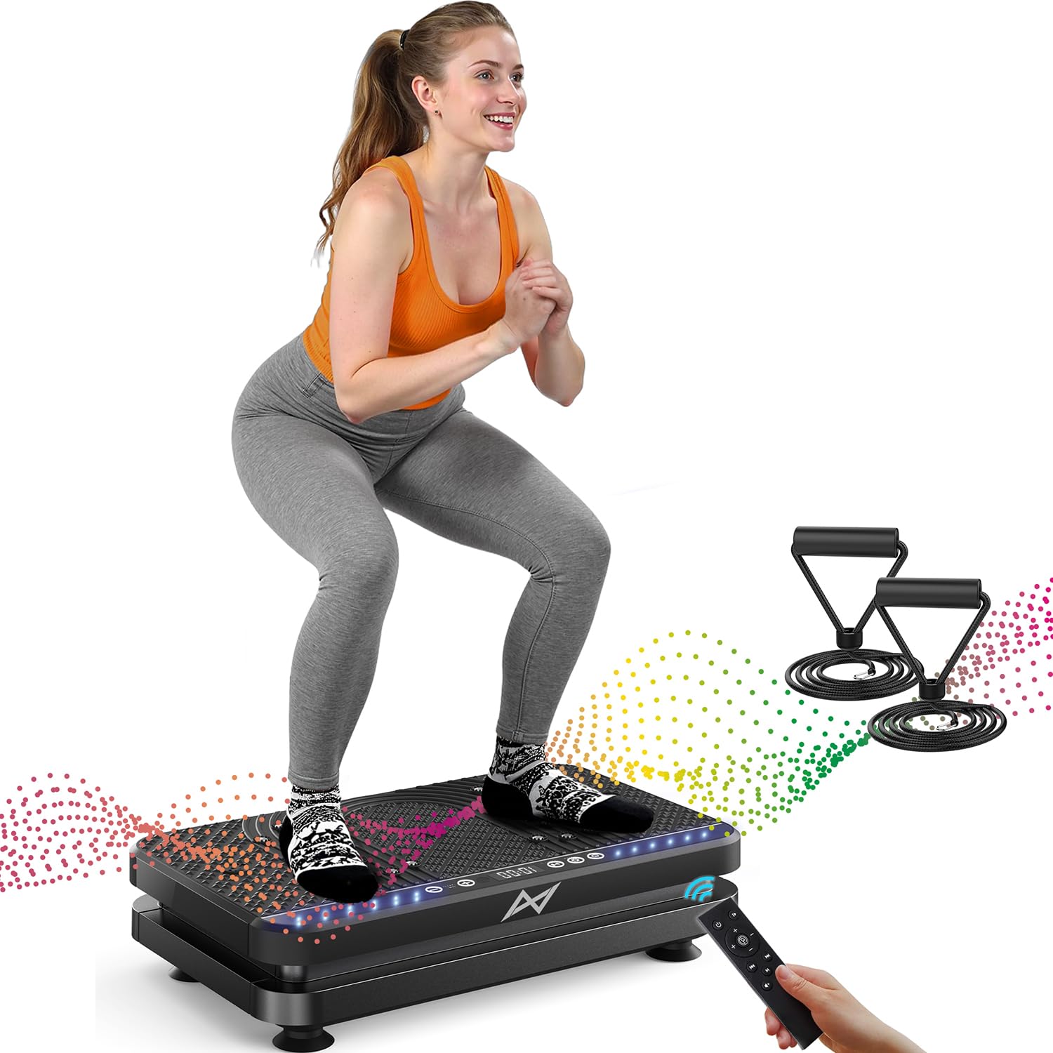 AXV vibration plate front view showing controls and stable stance benefit