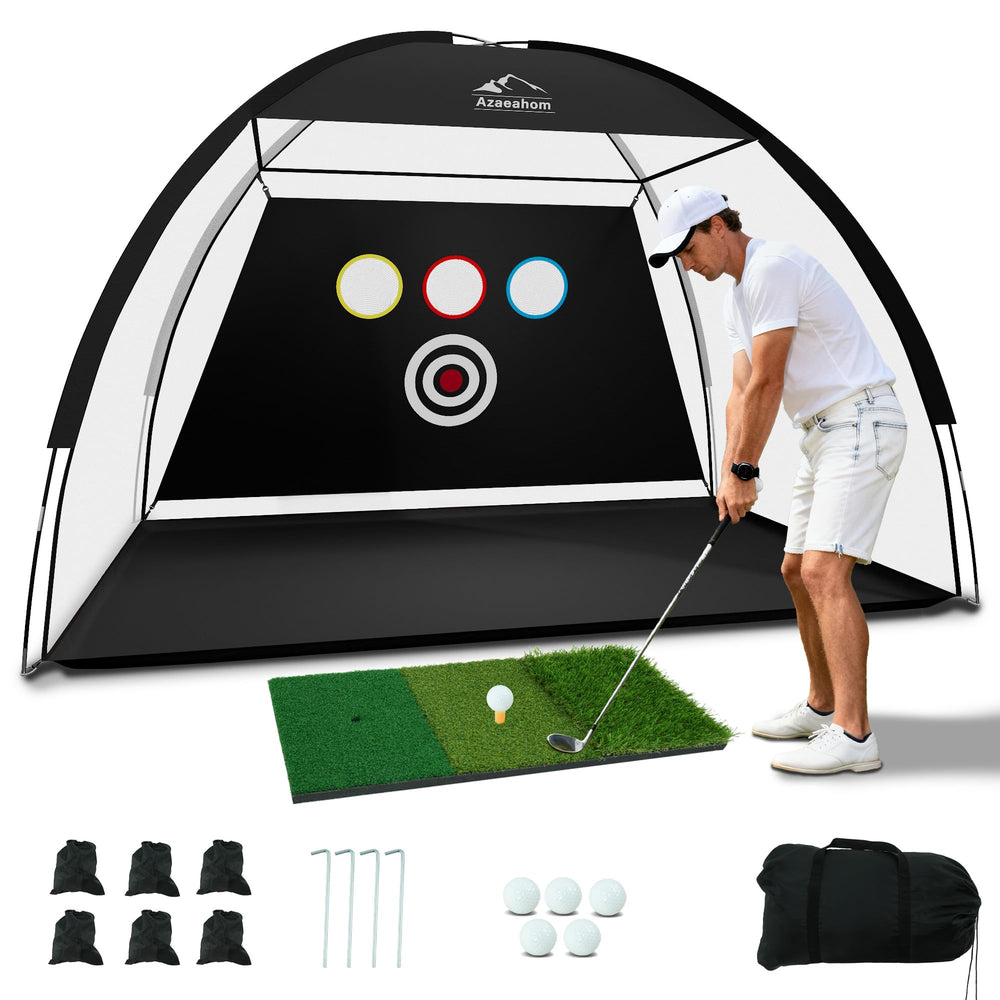 Azaeahom size comparison with golfer to show 10x7FT scale