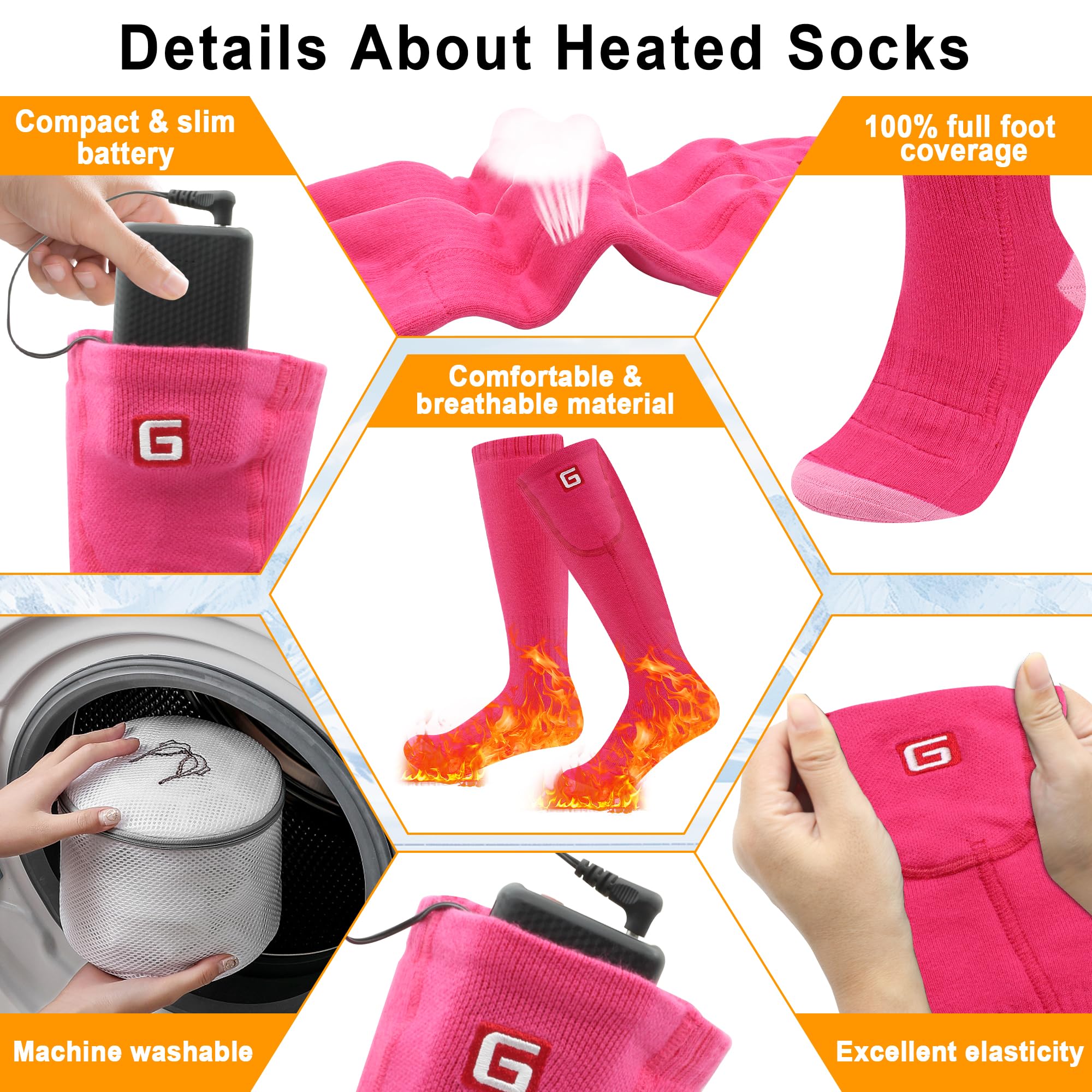 B Socks worn by skier to show outdoor use and dependable warmth on slopes