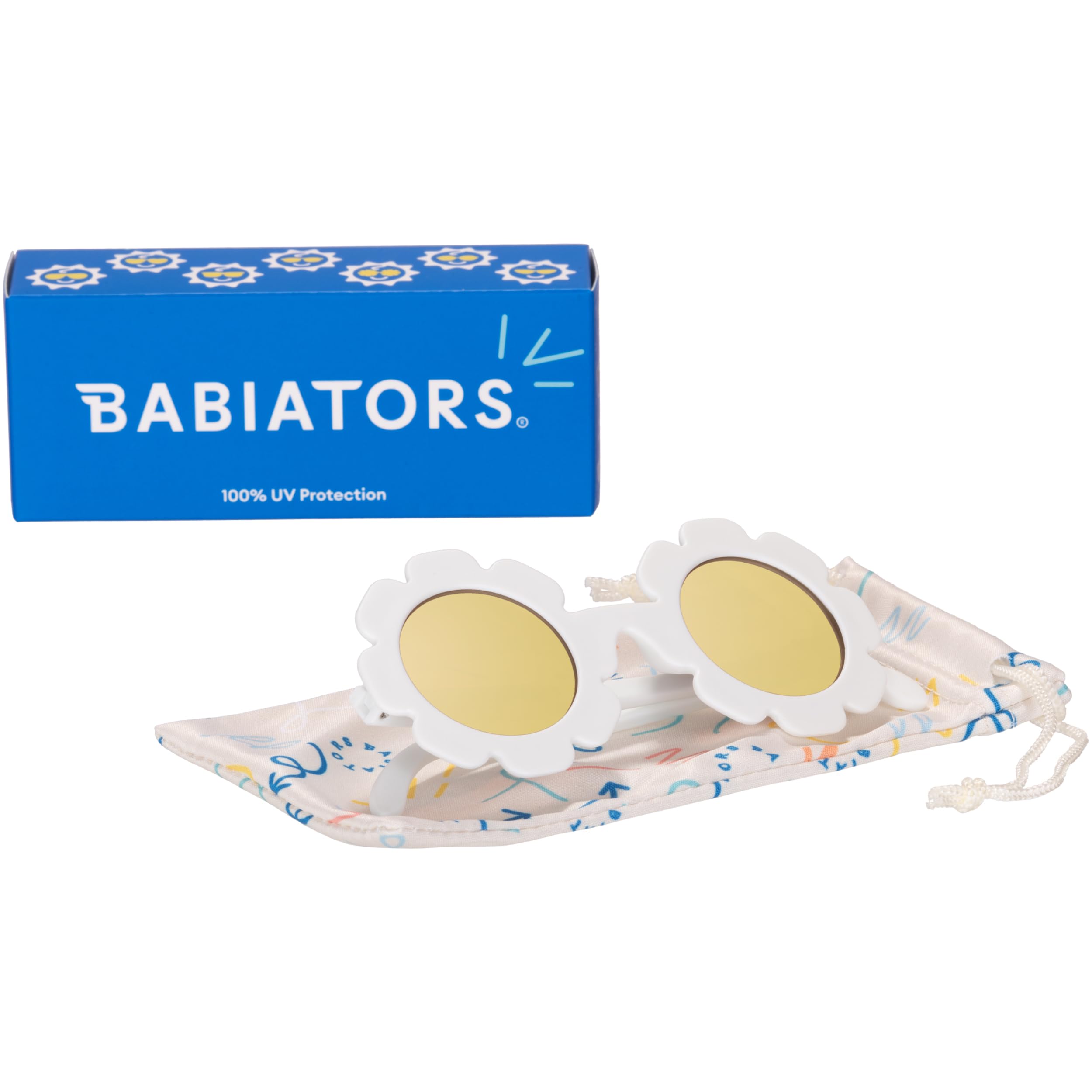 Baby wearing Babiators Flower sunglasses enjoying sunny outdoor play safely